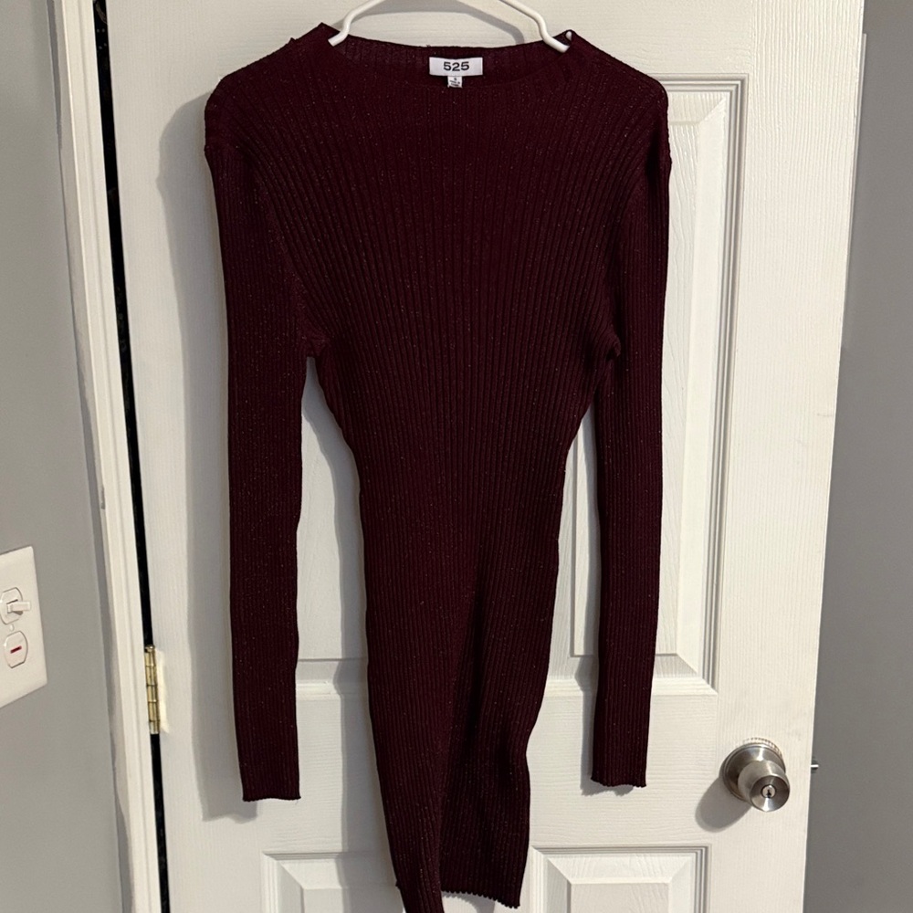525 America Ribbed Long Sleeve Knit Dress in Burgundy with Metallic Thread